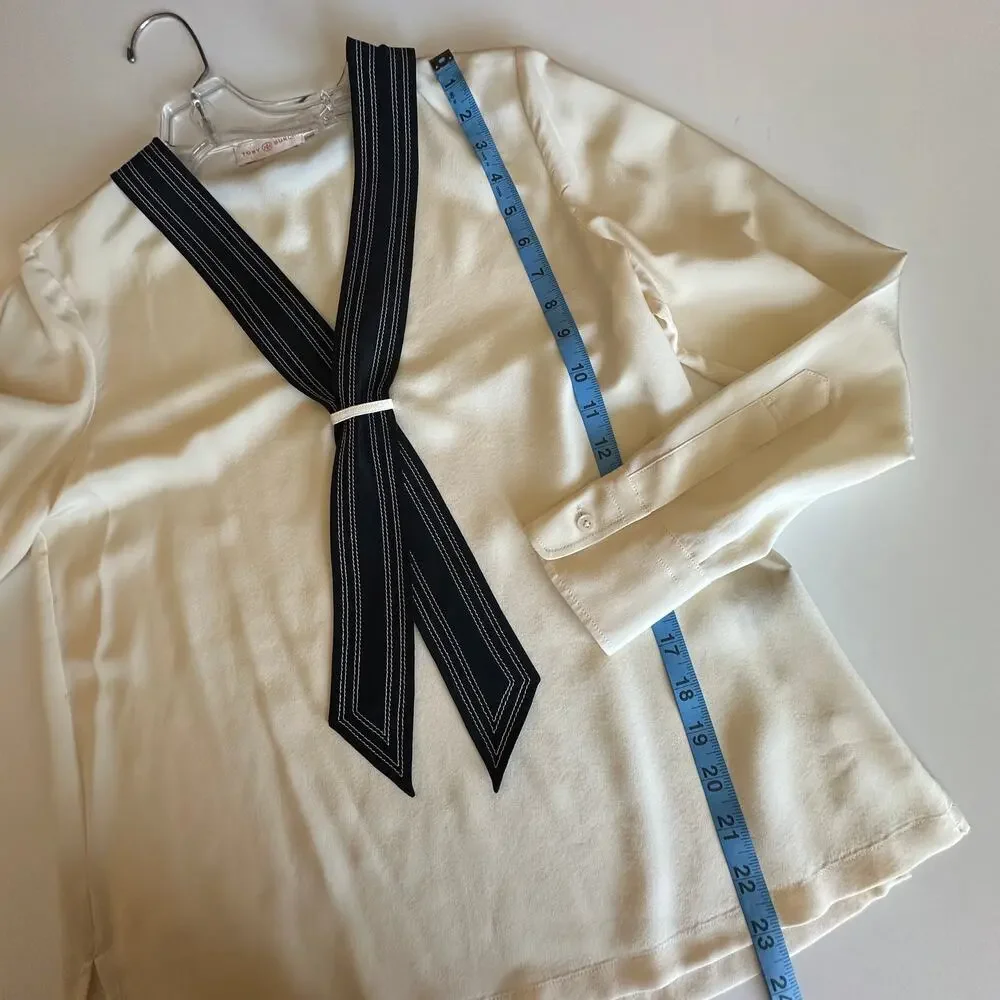 Tory Burch Silk Tie Neck Blouse Womens Size 0 New Ivory Preppy Careerwear